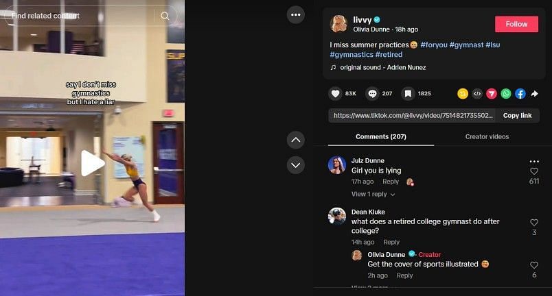 Screenshot of Olivia Dunne's TikTok (@livvy/tiktok)